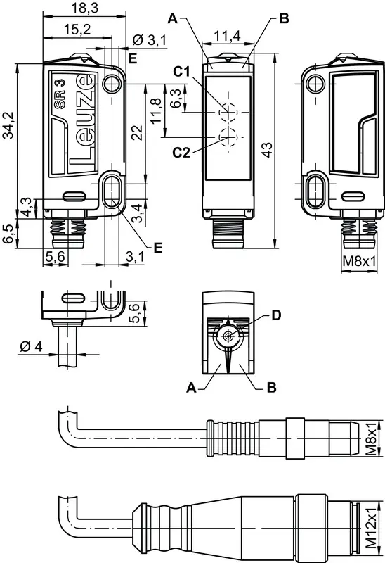Produktfoto 1 von Leuze Electronic ODT3CL1-2M.3/L6-200-M12, Distanztaster Hintergrundausblendung