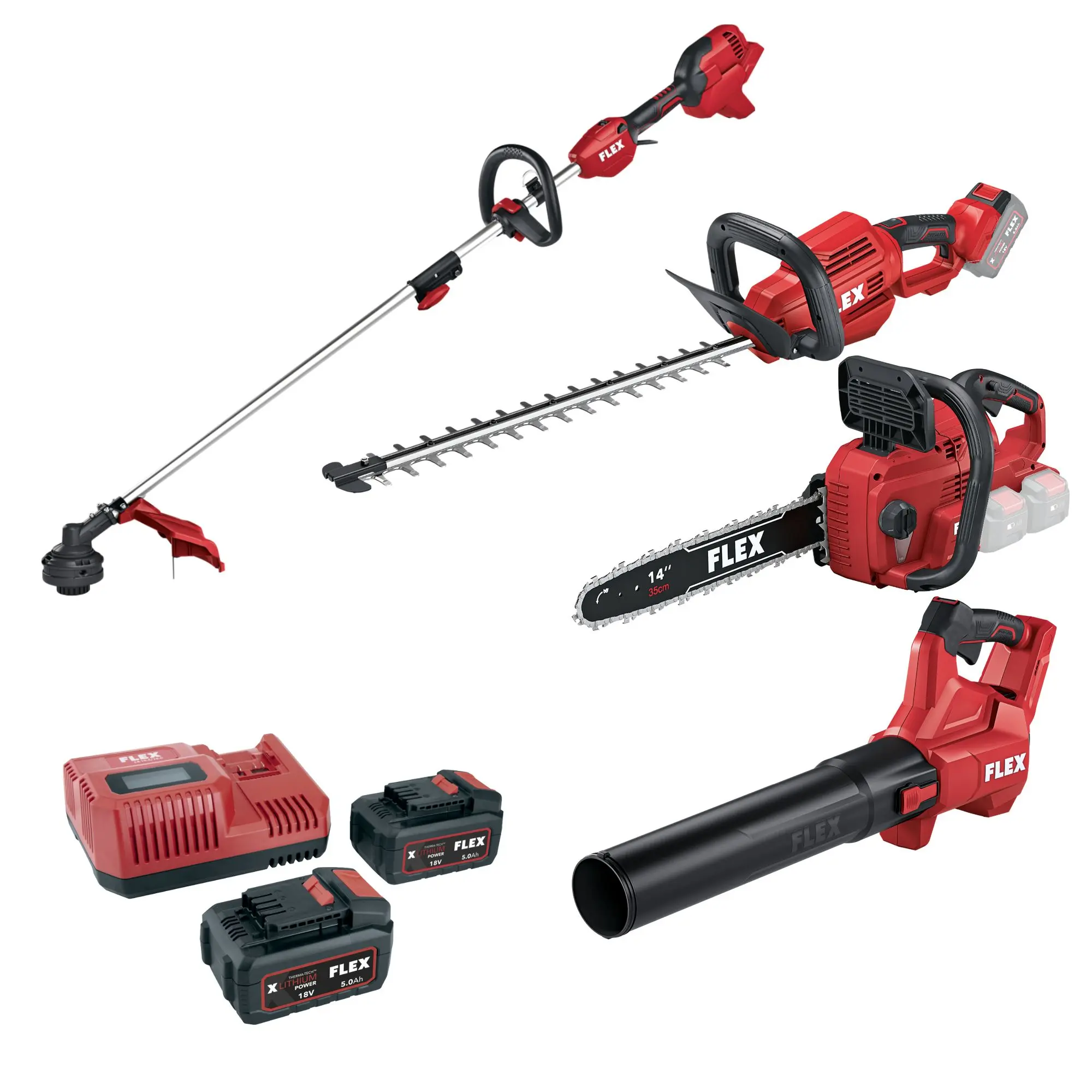 Produktfoto 1 von FLEX Tools 532739-A4, Akku-Gartenpaket Trimmer,Kettensäge,Heckenschere