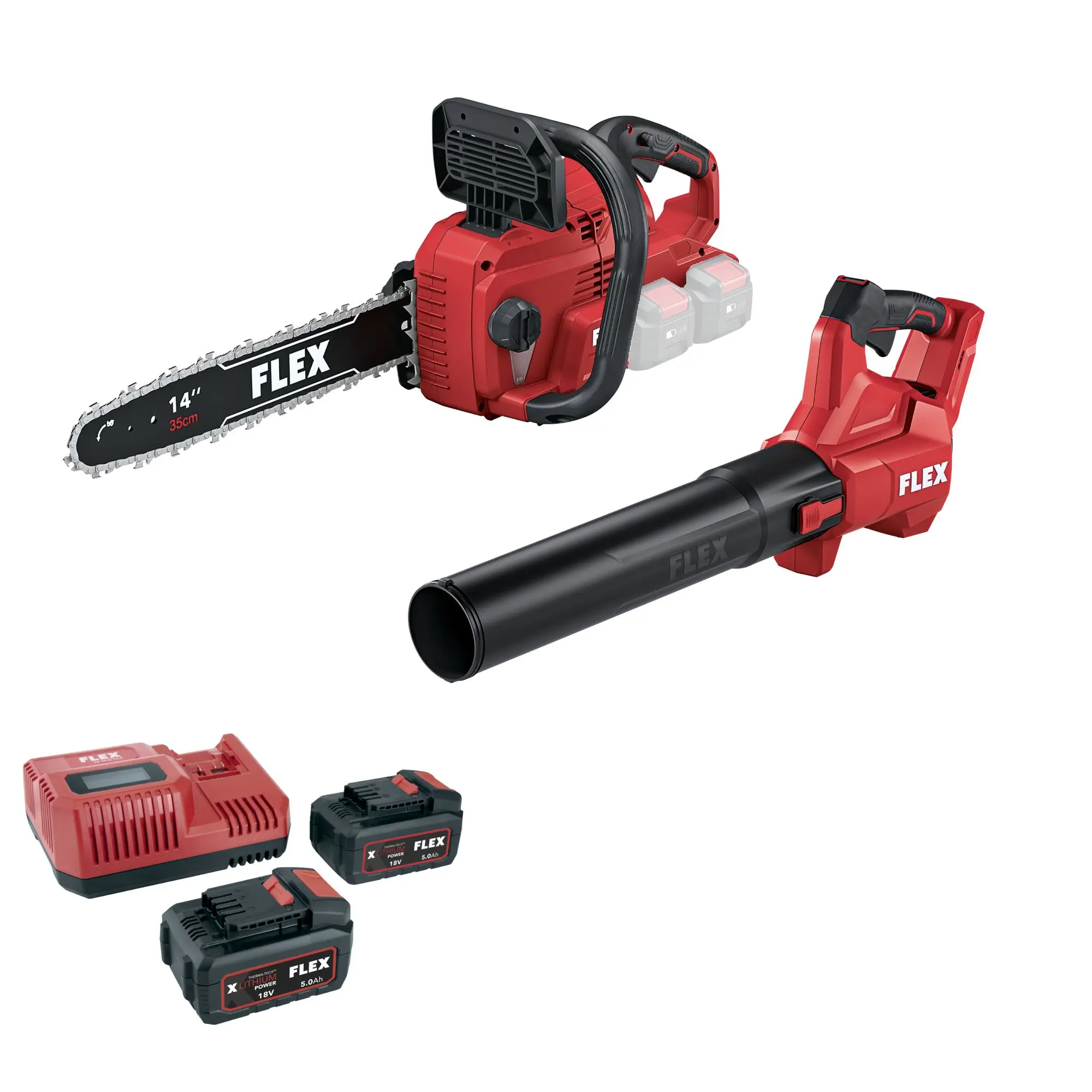 Produktfoto 1 von FLEX Tools 532739-A2, Akku-Gartenpaket SILBER - Kettensäge Laubbläser Akkus
