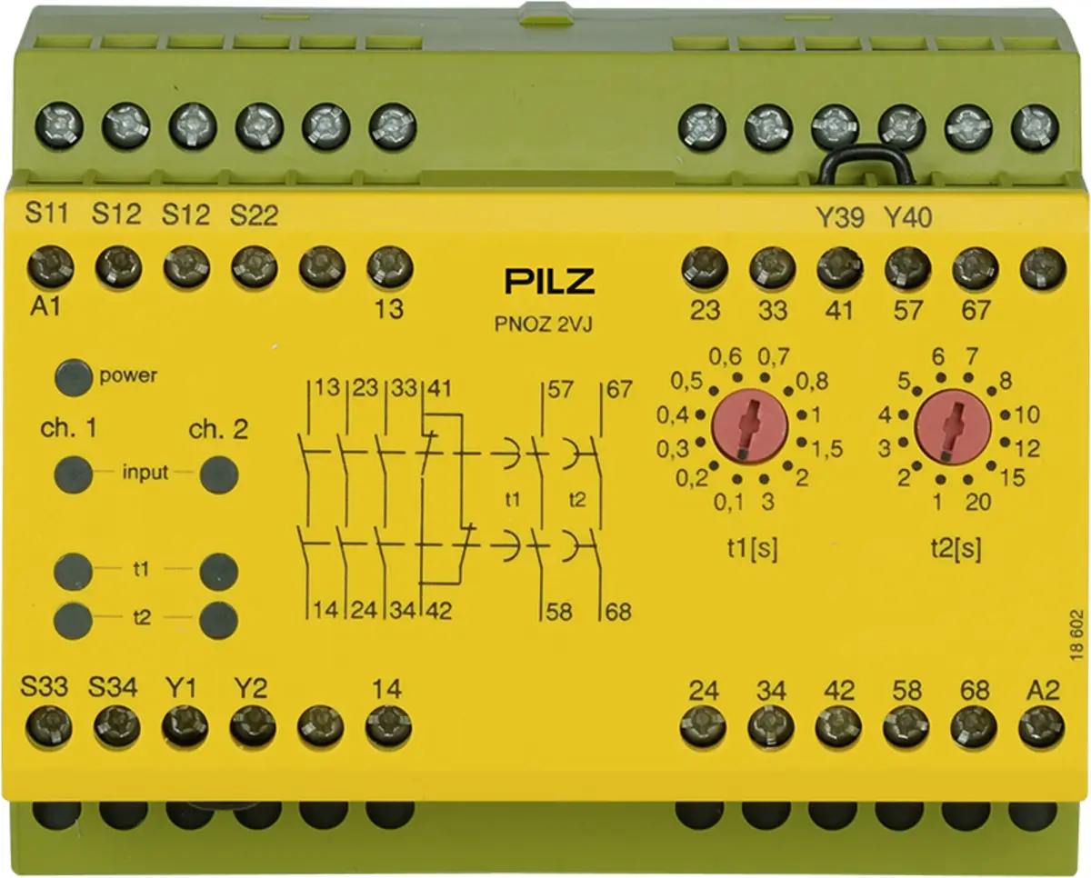 Produktfoto 1 von PILZ PNOZ 2VJ 24VDC 3n/o 1n/c 2n/o t, Überwachung von Not-Halt, Schutztüren