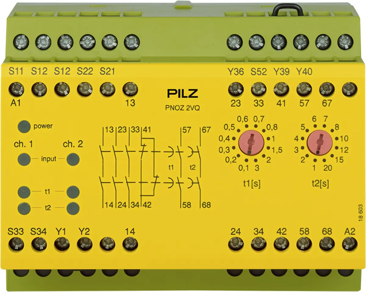 Produktfoto 1 von PILZ PNOZ 2VQ 24VDC 3n/o 1n/c 2n/o t, Überwachung von Not-Halt, Schutztüren