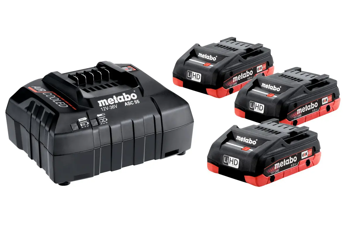 Produktfoto 1 von Metabo 685132000, Basis-Set 3x LiHD 18V 4,0 Ah Akkus + Lader ASC55 im Karton