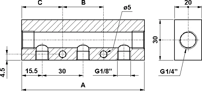 Produktfoto 1 von AZ Pneumatica AU.006.1, Luftverteiler 6 Anschlüsse G1/8", Bohrung G1/4"