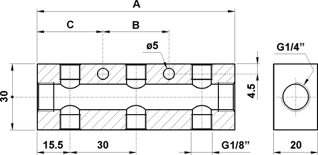 Produktfoto 1 von AZ Pneumatica AU.009.1, Luftverteiler 5 Anschlüsse G1/8", Bohrung G1/4"