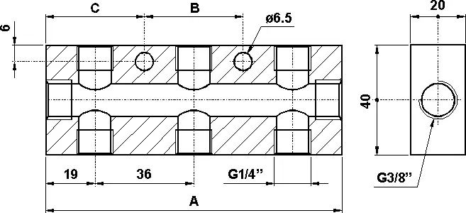 Produktfoto 1 von AZ Pneumatica AU.025.1, Luftverteiler 5 Anschlüsse G1/4", Bohrung G3/8"