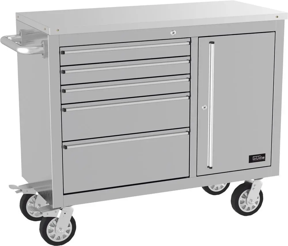 Produktfoto 1 von Güde 40487, Werkbank GW 5/1 INOX Edelstahl Gummibaum Arbeitsplatte Rollen