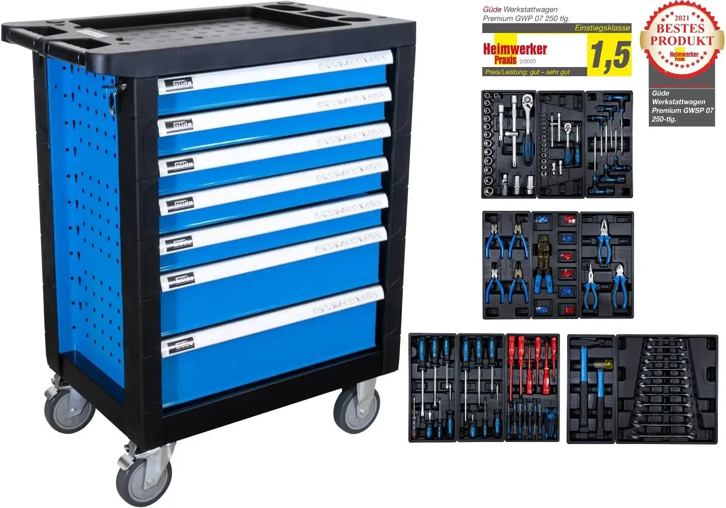 Güde 40877, Werkstattwagen Premium GWSP 07 Werkzeuge 250-tlg. 7 Schubladen
