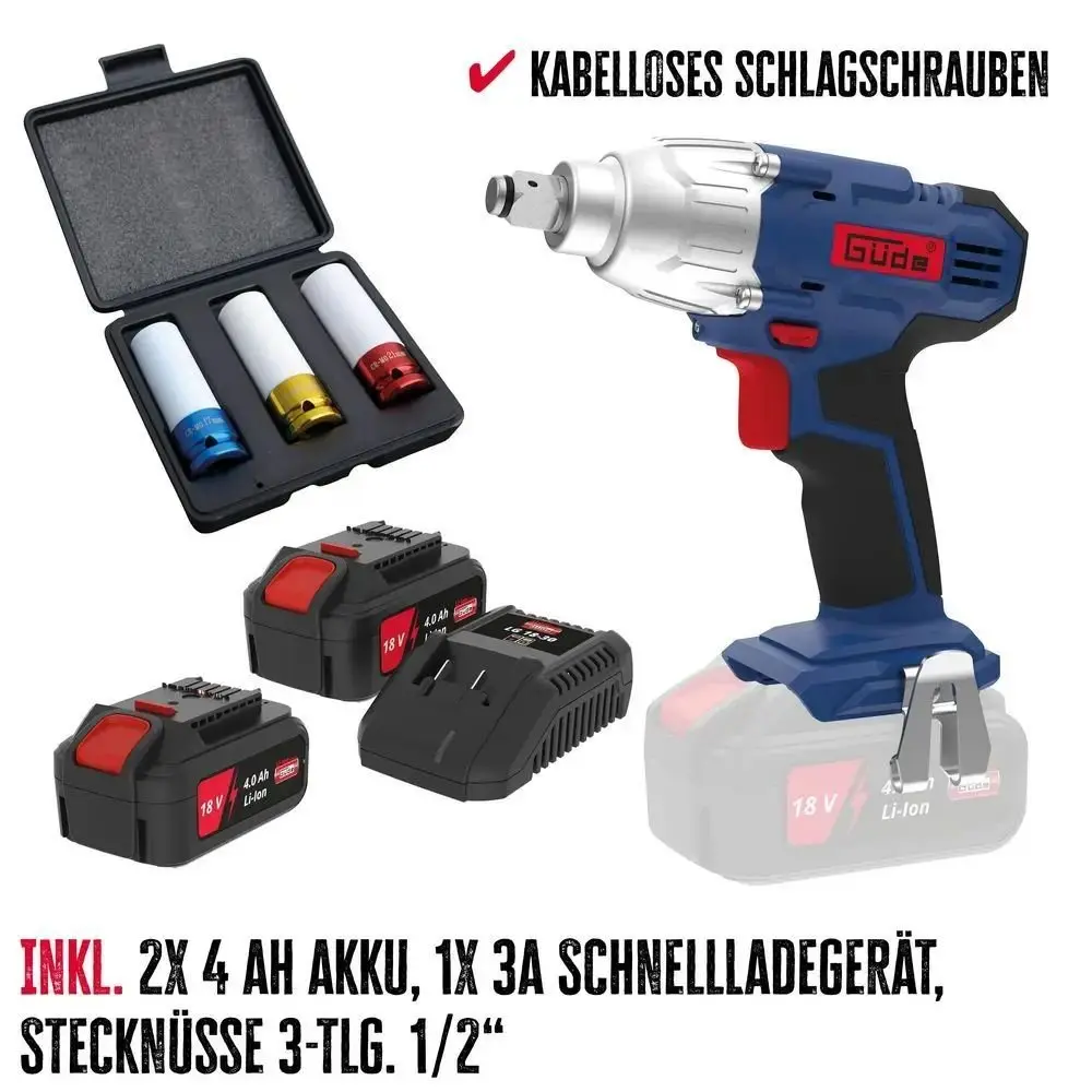 Produktfoto 1 von Güde 58826, Schlagschrauber Set BSS 18 1/2-0 2x4Ah Akku Lader Stecknüsse