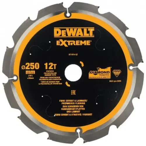Produktfoto 1 von DeWalt DT1474-QZ, Faserzement-Sägeblatt 250 x 30 mm 12Z