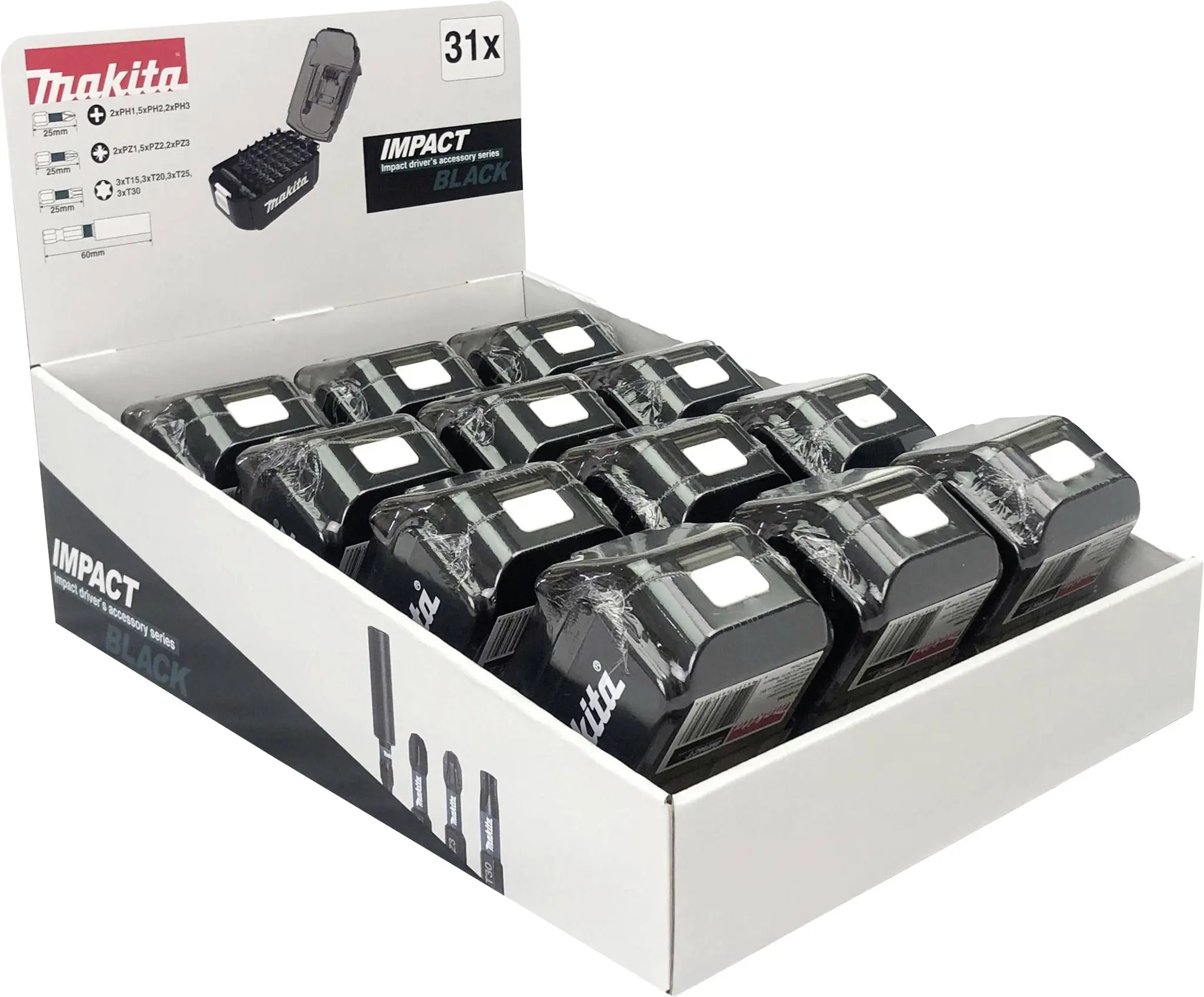 Produktfoto 1 von Makita E-03090, Display 12x Impact Black Bit-Set