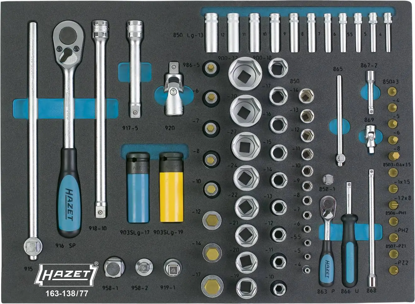 Produktfoto 1 von Hazet 163-138/77, Steckschlüsselsatz metrisch 1/4" 6.3 mm, 1/2" 12.5 mm 77teilig