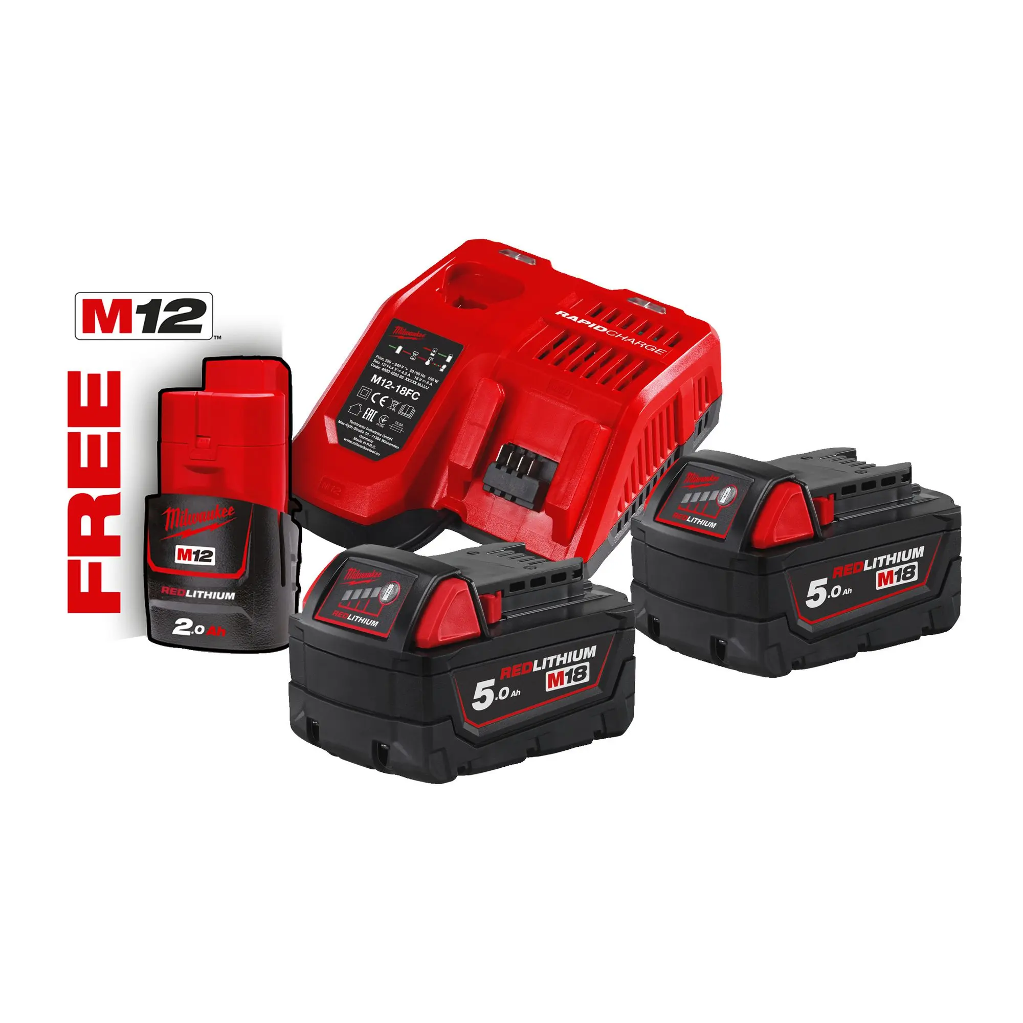 Produktfoto 1 von Milwaukee 18V Starterset M18 NRG-502 - 2x M18 5,0 Ah + 1x M12 2,0 Ah + Ladegerät