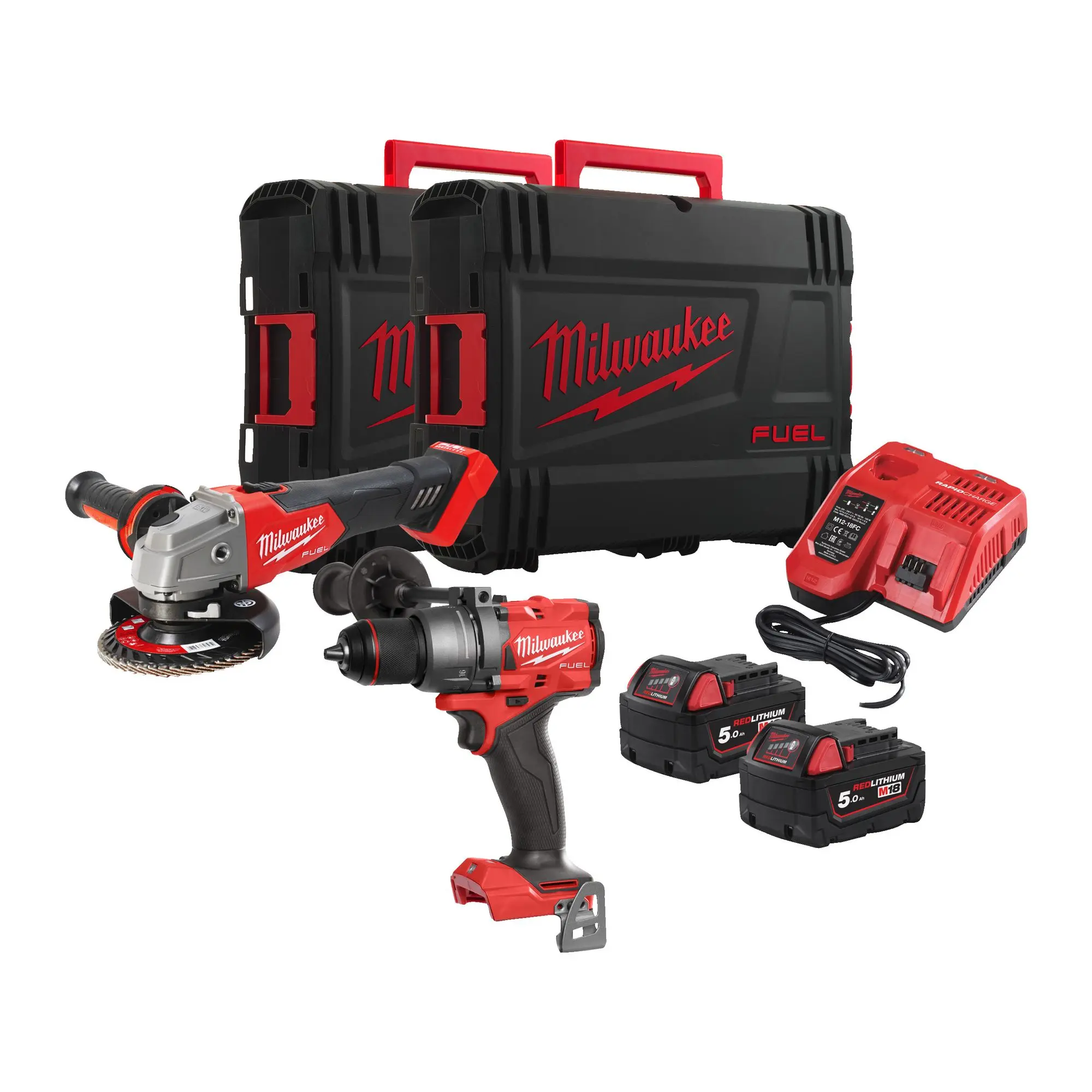 Produktfoto 1 von Milwaukee Maschinen-Set M18FPP2E3-502X: M18 FPD3-502X +M18 FSAG125X-0X, 2x5,0 Ah