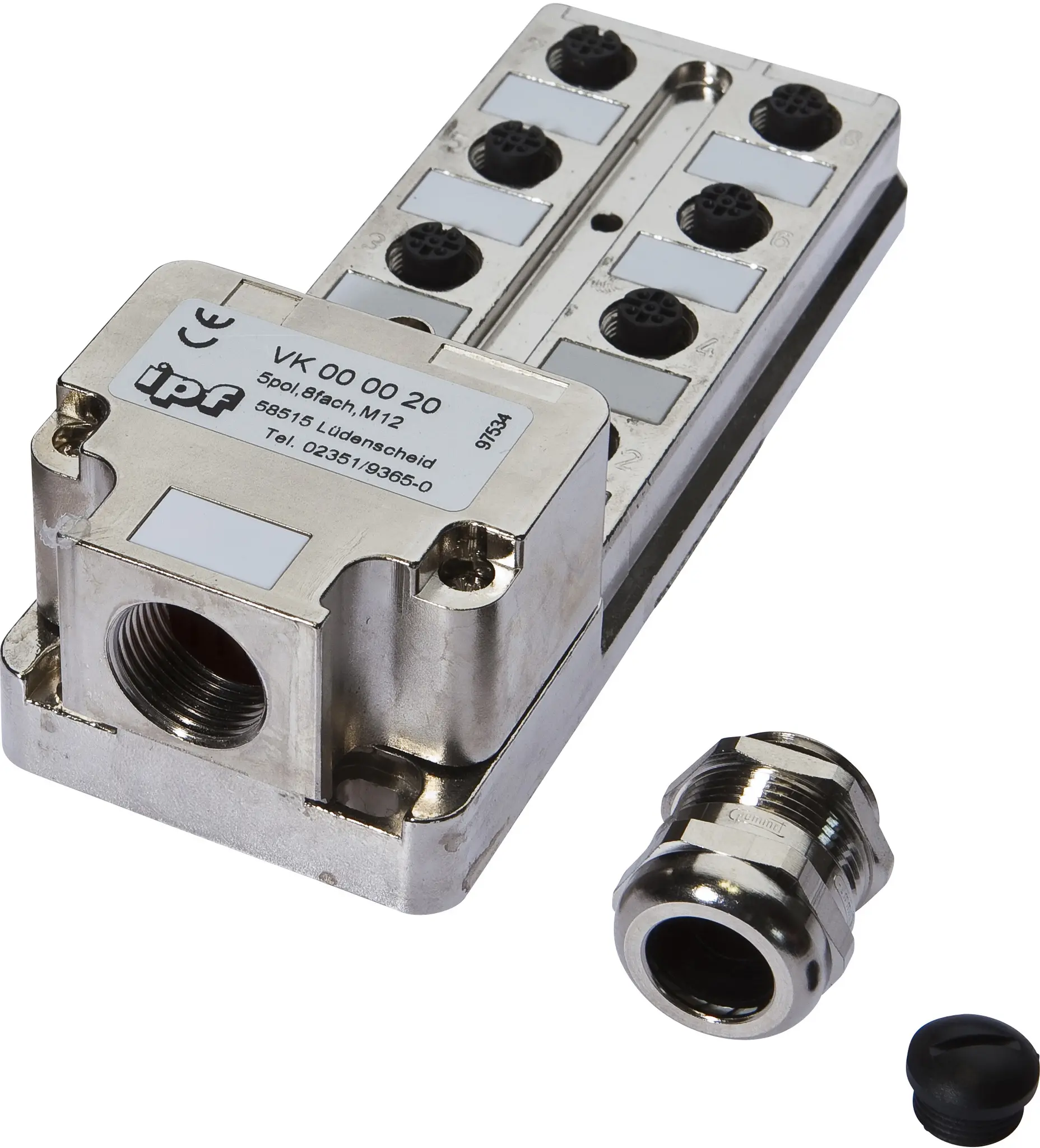 Produktfoto 1 von ipf Electronic VK000020, Verteiler, 8x M12 5polig, Zinkdruckguss, M20 x 1,5