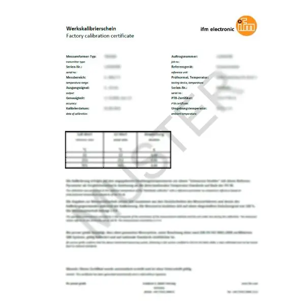 Produktfoto 1 von ifm Electronic ZC0052 ISO Kalibrierzertifikat für Strömungssensoren