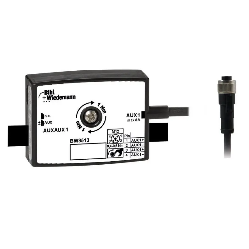 Produktfoto 1 von Bihl Wiedemann BW3513, Passivverteiler AUX auf 1xM12-Power-Kabeldose, gerade, T-codiert, 4-polig, Tiefe 19 mm, IP67
