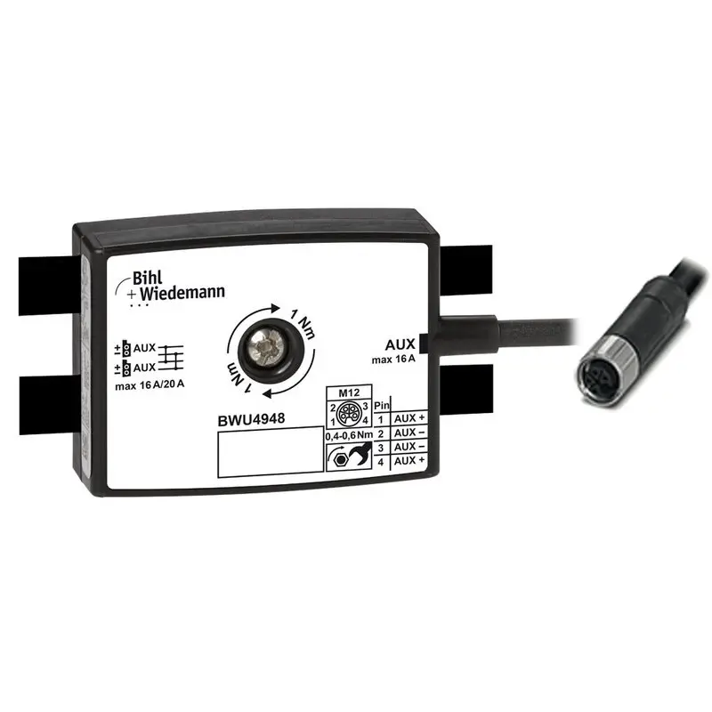 Produktfoto 1 von Bihl Wiedemann BWU4948, Passiver Verteiler AUX, 16A/20A, auf 1xM12 Leistungssteckdose, gerade, L-codiert, 4-polig