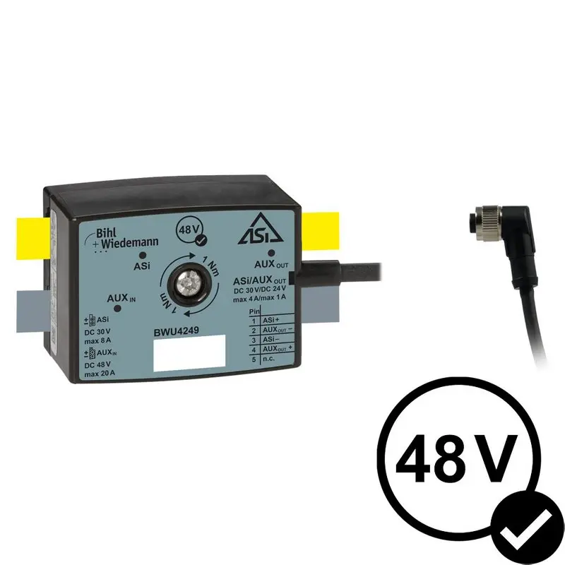 Produktfoto 1 von Bihl Wiedemann BWU4249, Spannungswandler 48V/24V, 1A, ASi/AUX 48V Profilkabel auf 1xM12 Kabeldose, 5-polig (ASi/AUX 24V)