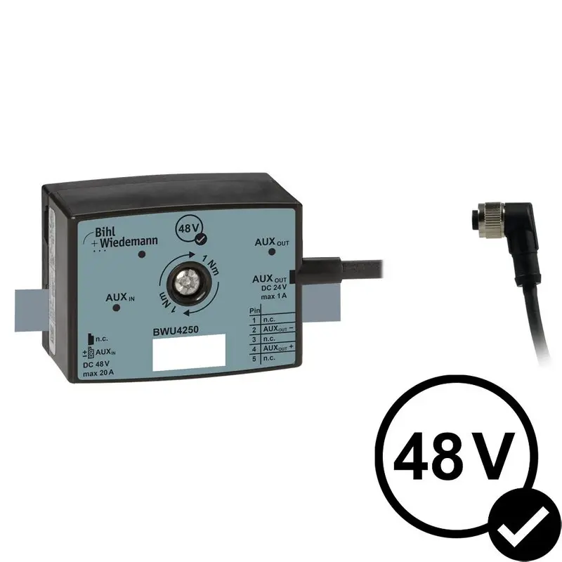 Produktfoto 1 von Bihl Wiedemann BWU4250, Spannungswandler 48V/24V, 1A, AUX 48V Profilkabel auf 1xM12 Kabeldose, 5-polig (AUX 24V)