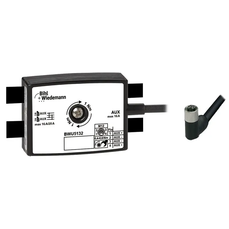 Produktfoto 1 von Bihl Wiedemann BWU5132, Passivverteiler AUX, 16A/20A, auf 1xM12-Leitungsdose, L-codiert, 4-polig, Tiefe 25 mm, IP67