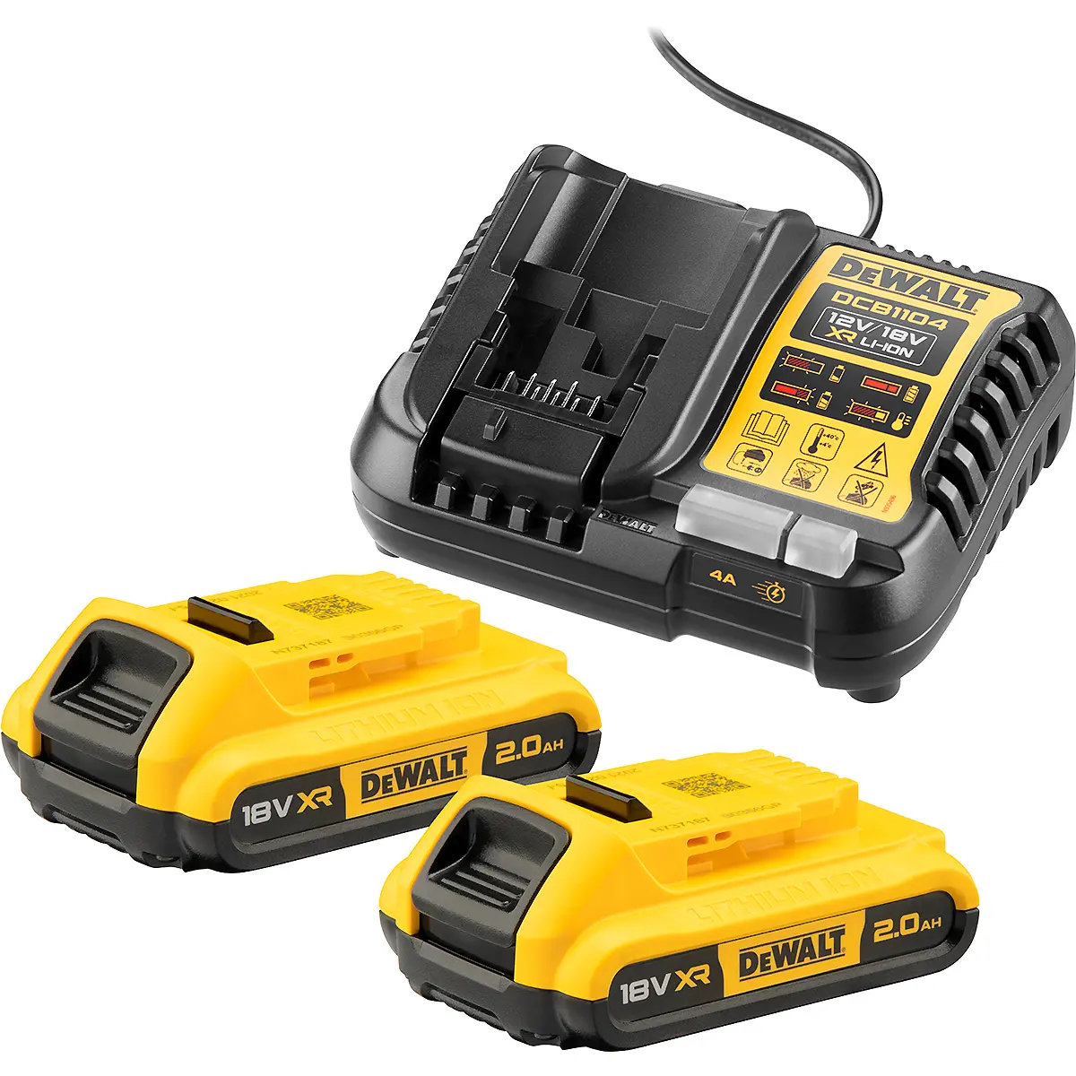 Produktfoto 1 von DeWalt DCB1104D2-QW, Starter-Set, 2x 18V / 2 Ah und Schnellladegerät