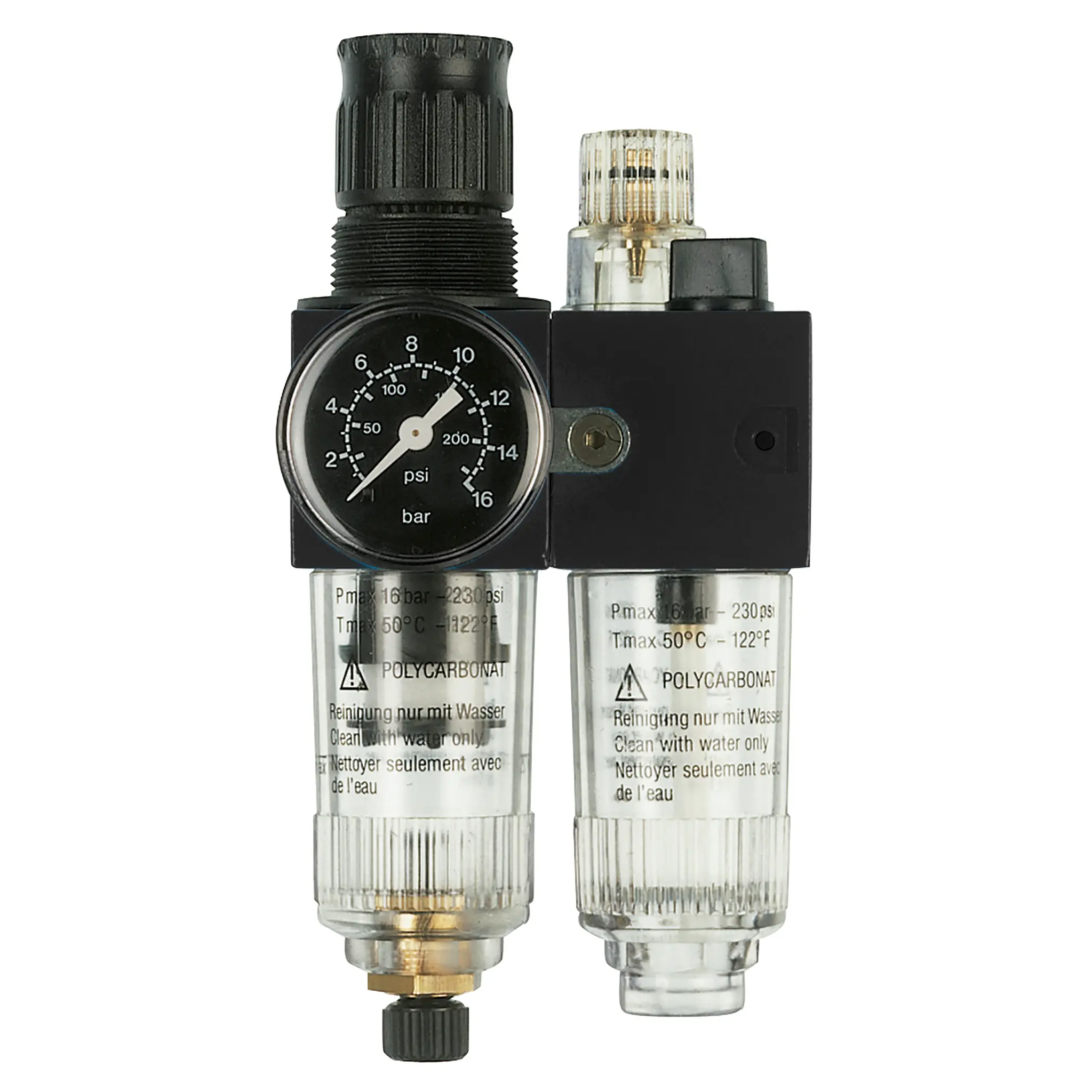 Produktfoto 1 von EWO 449.21, 2er-Wartungseinheit, G 1/8, 0,5–10 bar, Handablassventil, Manometer
