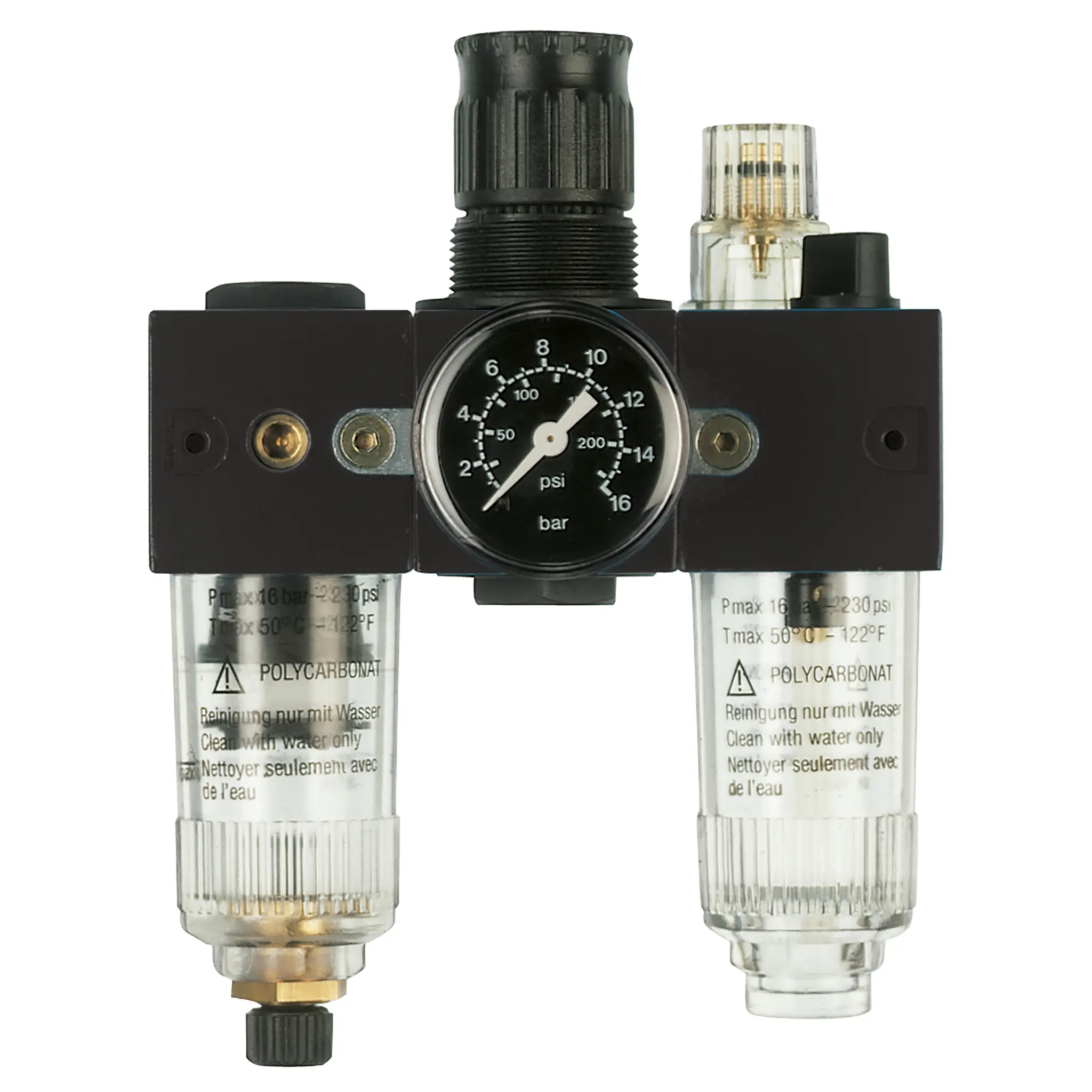 Produktfoto 1 von EWO 450.22, 3er-Wartungseinheit, G 1/4, 0,5–10 bar, Handablassventil, Manometer