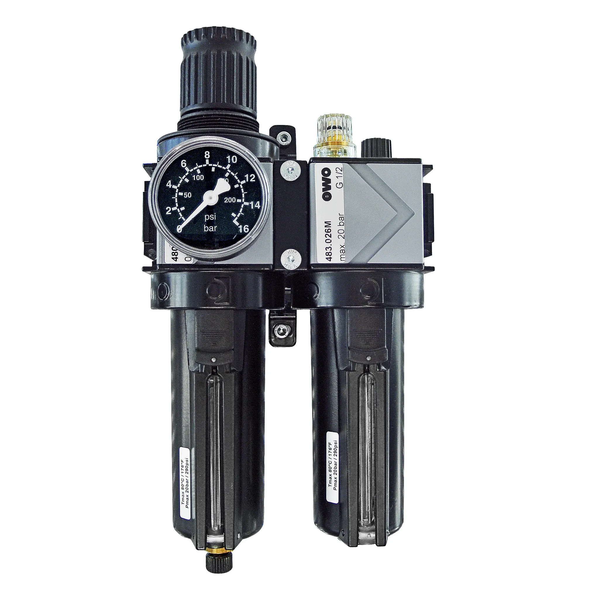 Produktfoto 1 von EWO 488.261M, 2er Wartungseinheit, G½, BG 40, Kompakt-Set/T-Halt., Handablass