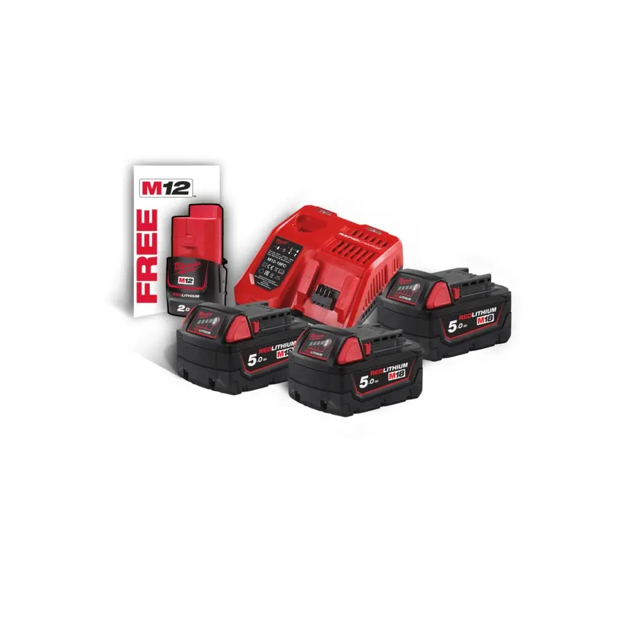 Produktfoto 1 von Milwaukee Vario Kit 18V Basis 3x Ersatzakku M18B5 18V/5.0Ah + 1x Lader M12-18FC
