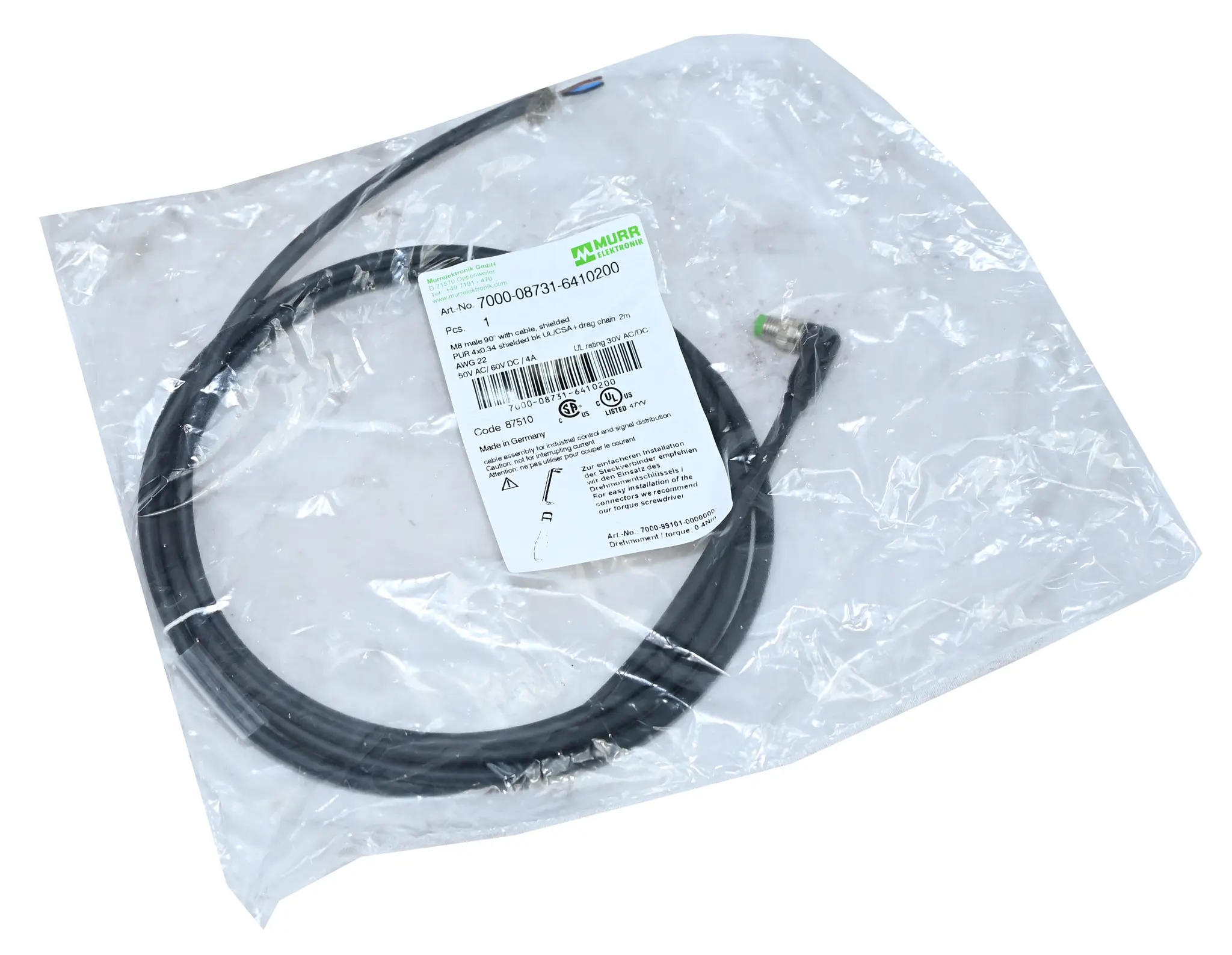 Produktfoto 1 von Murr Elektronik 7000-08731-6410200 M8 Male Connector 90° with Cable New sealed