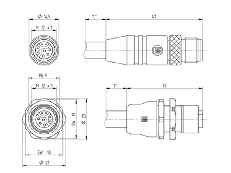 Produktfoto 1 von Lumberg RSTS 8Y-RKHS 8Y-922/0,6 M Kabel M12-Hybrid Stecker auf Einbaukupplung 8 polig Y-kodiert 0,6 m geschirmt PUR schw
