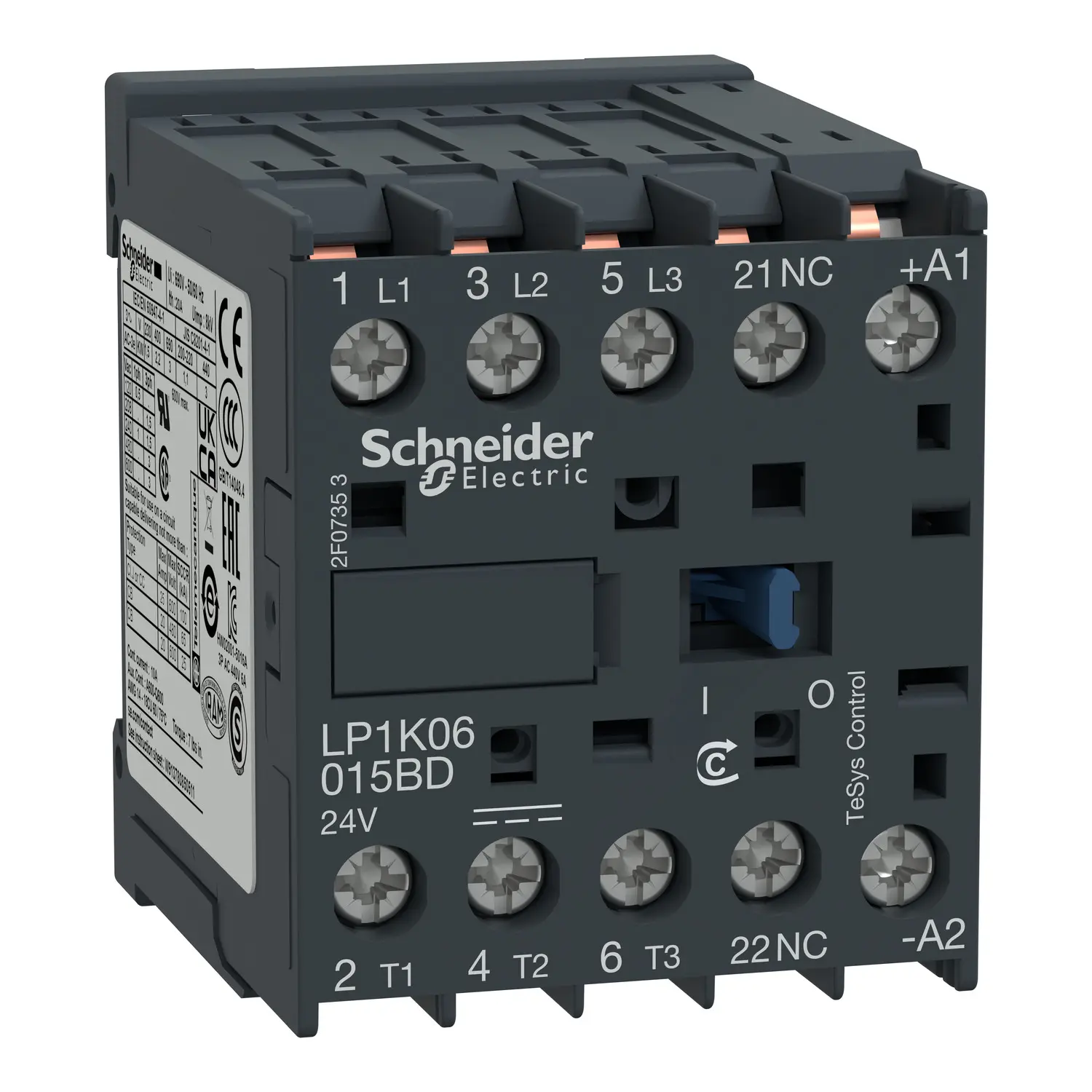 Produktfoto 1 von Leistungsschütz LP1K 3p, +1Ö, 2.2 kW, 6 A, 400 V AC3, Spule 24 V DC