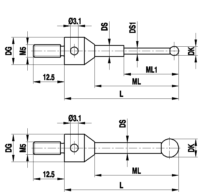M5 Tastereinsätze für Sternkonfiguration, Ø3,5 mm Rubinkugel, Hartmetallschaft, / ML1/ML 2,3/12,8 mm, für Zeiss Anwendungen