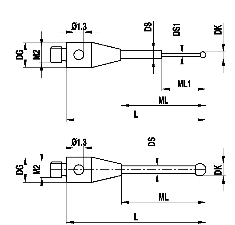 Produktfoto 1 von M2 Ø0,6 mm Rubinkugel, Hartmetallschaft, L 18,3 mm, ML1/ML 4,6/13,8 mm, für Zeiss Anwendungen