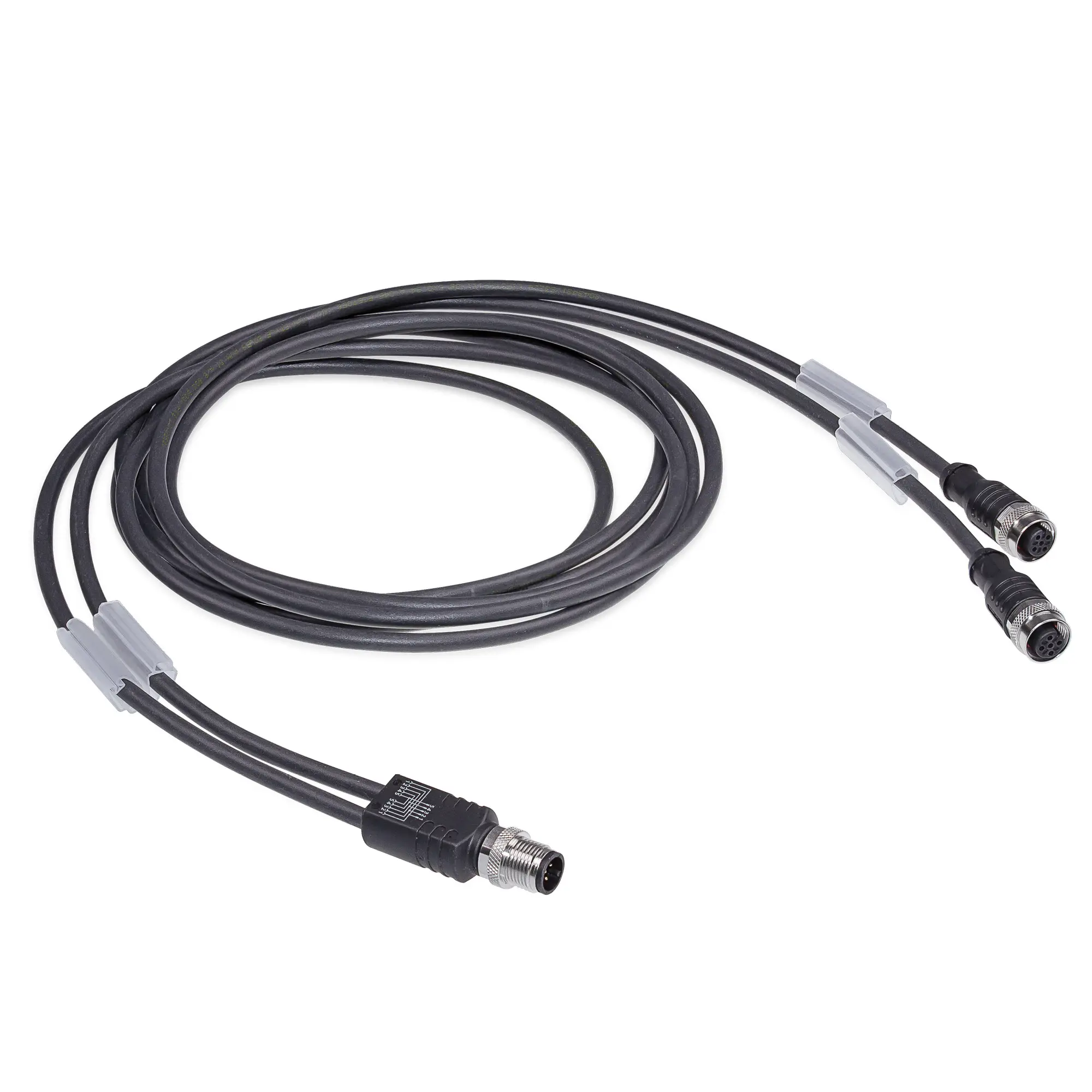 Produktfoto 1 von Y-Verteiler mit Kabelabgang, 2x 2m, 5-polig, 2x Sensorbuchse M12, A-kodiert, 1x Sensorstecker M12, A-kodiert, max. 4A, 24V DC
