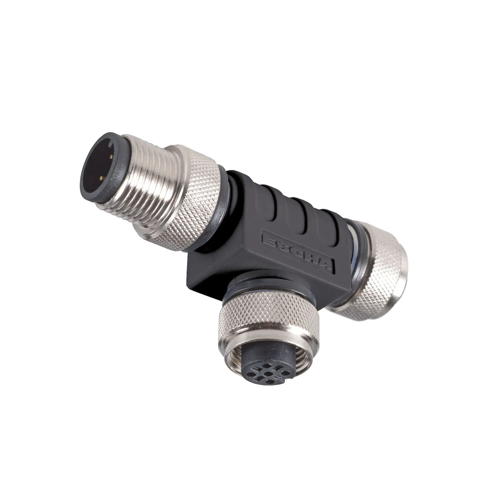 Produktfoto 1 von T-Verteiler M12, 4-polig, 2x M12 Buchse, A-kodiert/1x M12 Stecker, A-kodiert, max. 4A, 24V DC