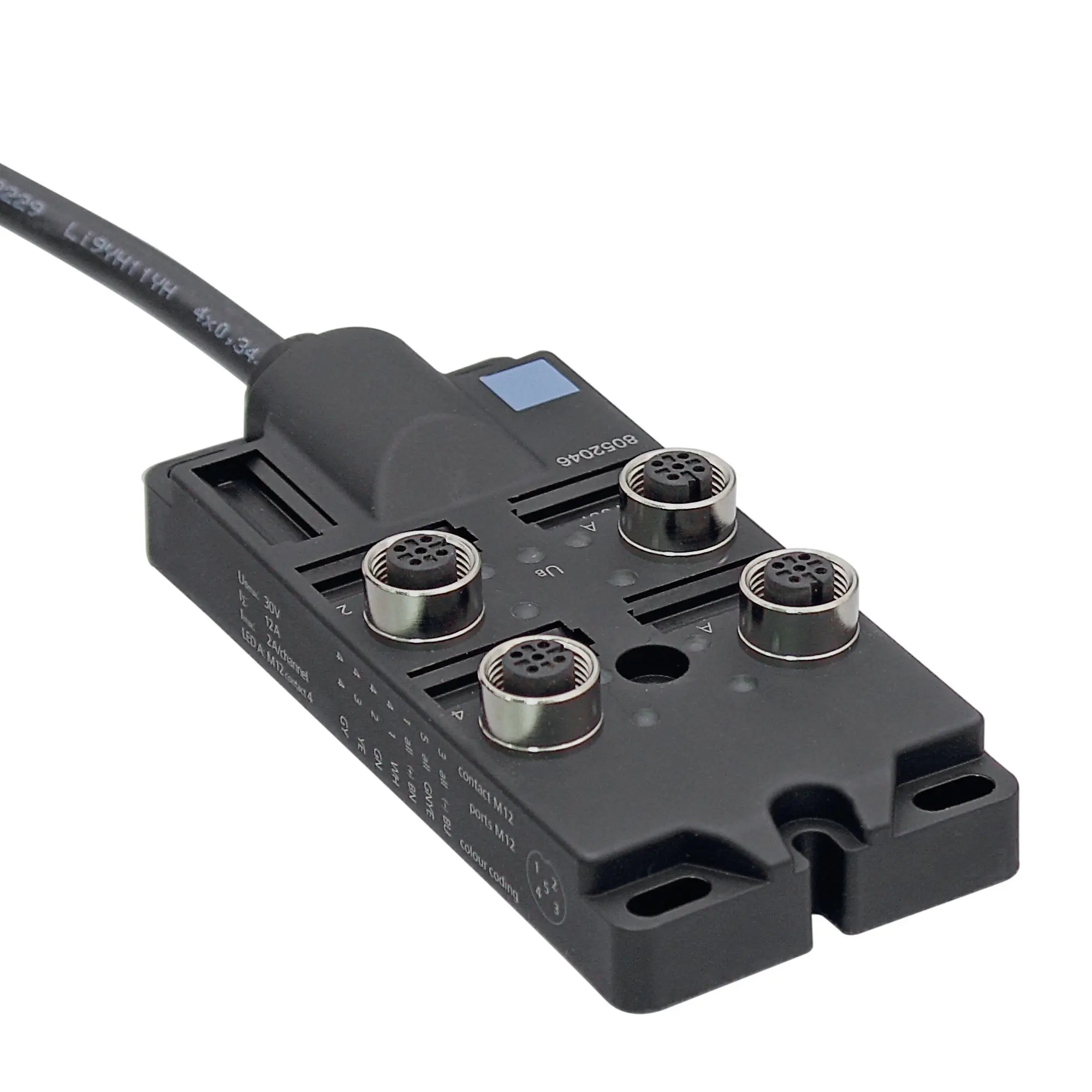 Produktfoto 1 von Sensor-/Aktor Box mit Festkabelanschluss 10m PUR, 4 Steckplätze, M12, A-kodiert, max. 4A, 24V DC