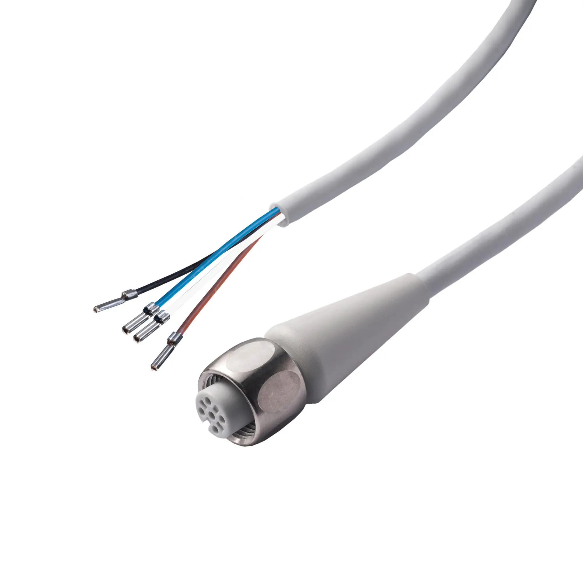 Produktfoto 1 von Sensor Kabel, 5m, 4-polig, TPE grau, Dichtung EPDM, Überwurf V4A, M12 Sensorbuchse A-kodiert/offene Leitungsenden, FDA