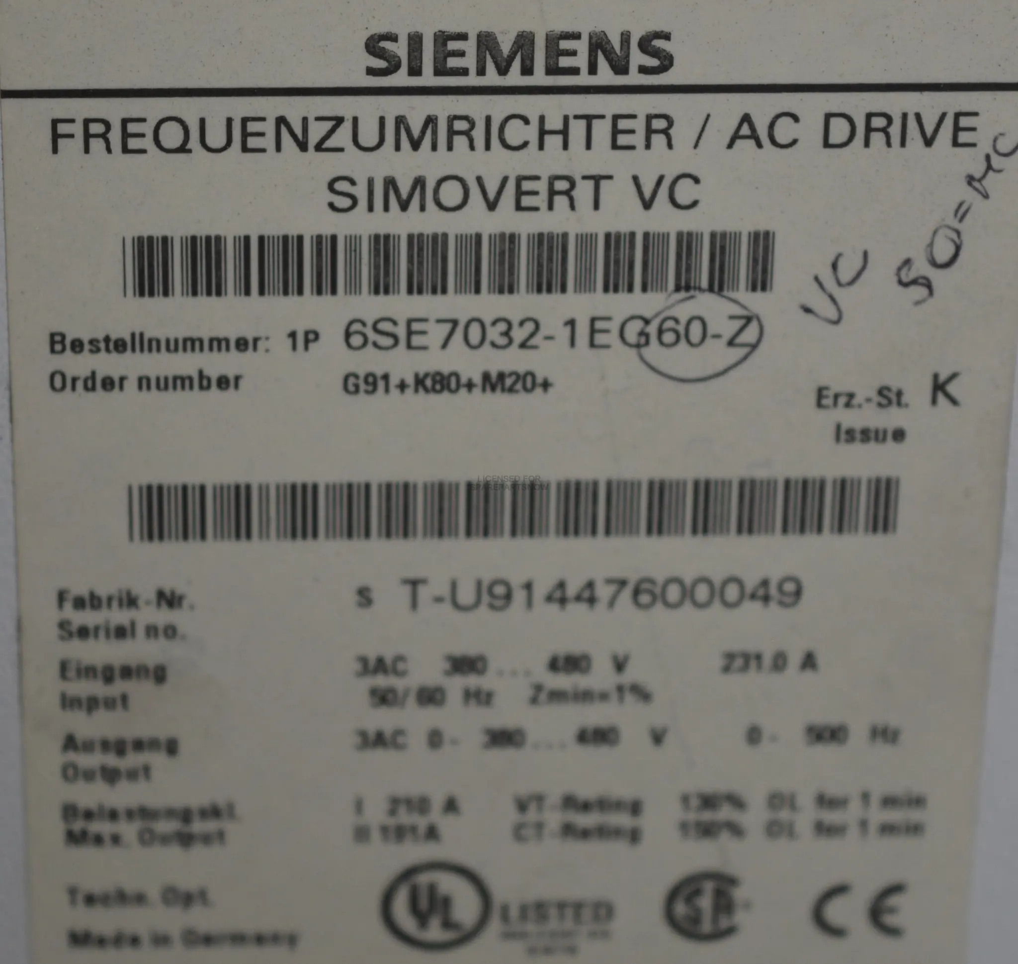Produktfoto 1 von Siemens 6SE7032-1EG60-Z (Z=G91+K80+M20)