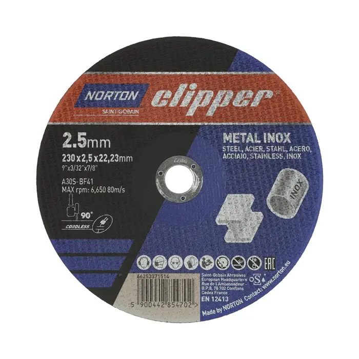 Produktfoto 1 von Trennscheibe D230x2,5mm Typ 41 Metall-Inox Bohr.22,23mm NORTON CLIPPER