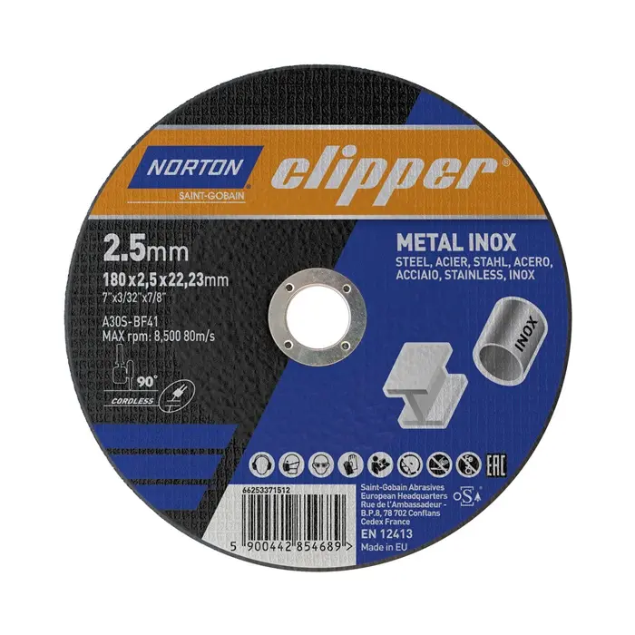 Produktfoto 1 von Trennscheibe D180x2,5mm Typ 41 Metall-Inox Bohr.22,23mm NORTON CLIPPER