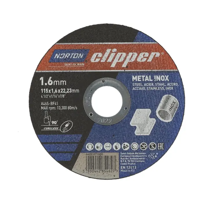 Produktfoto 1 von Trennscheibe D115x1,6mm Typ 41 Metall-Inox Bohr.22,23mm NORTON CLIPPER