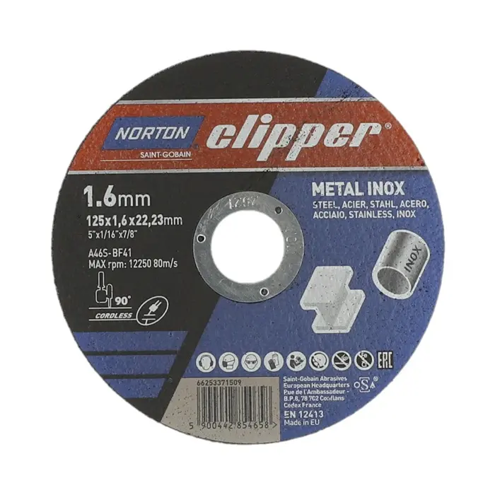 Produktfoto 1 von Trennscheibe D125x1,6mm Typ 41 Metall-Inox Bohr.22,23mm NORTON CLIPPER