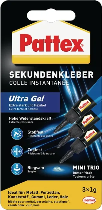 Produktfoto 1 von Sekundenkleber Ultra Gel MINI-TRIO 3x1g transp.Tube PATTEX