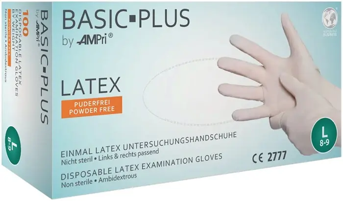 Produktfoto 1 von Einw.-Handsch.Basic Plus Gr.L hellbeige Latex EN 455 PSA I 100 St./Box AMPRI