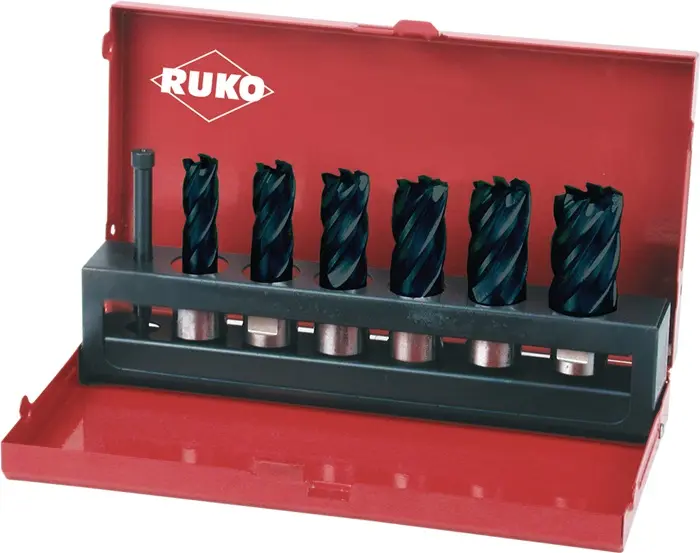 Produktfoto 1 von Kernbohrersatz 7tlg.D.12-14-16-18-20-22mm HSS TiAlN Schnitt-T.30mm Weldon RUKO