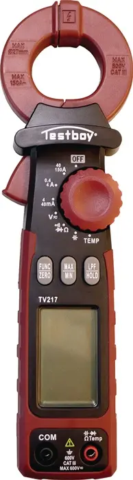 Produktfoto 1 von Leckstromzange TV 217 Messber.1µA – 150A(AC) Zangenöffnung 27mm TESTBOY