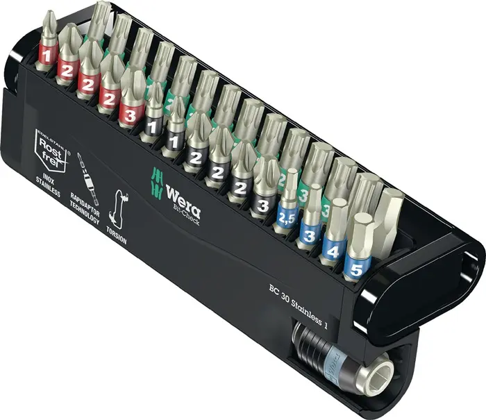 Produktfoto 1 von Edelstahlbitsortiment BC 30 Stainless 1 30-tlg.PH/PZD/T/6KT.Schnellw.Halter WERA