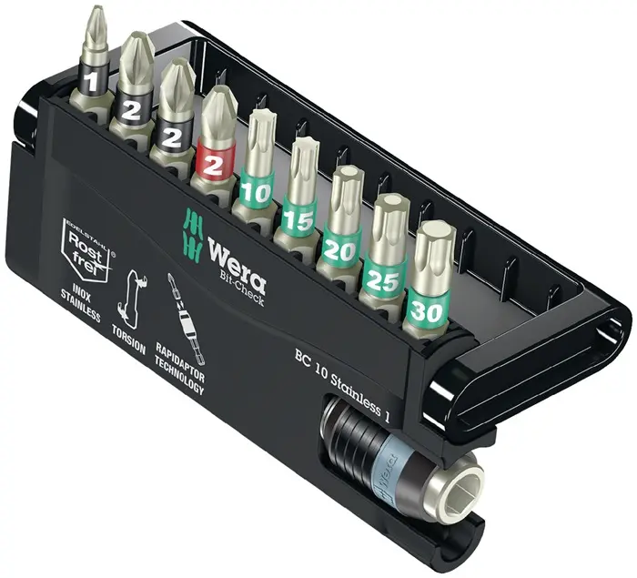 Produktfoto 1 von Edelstahlbitsortiment BC 10 Stainless 1 10-tlg.PH/PZD/T/Schnellw.Halter WERA