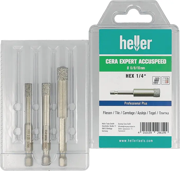 Produktfoto 1 von Feinsteinzeugbohrer Cera Expert Accuspeed 3-tlg.D.6,8,10mm Schaft 6-kant HELLER